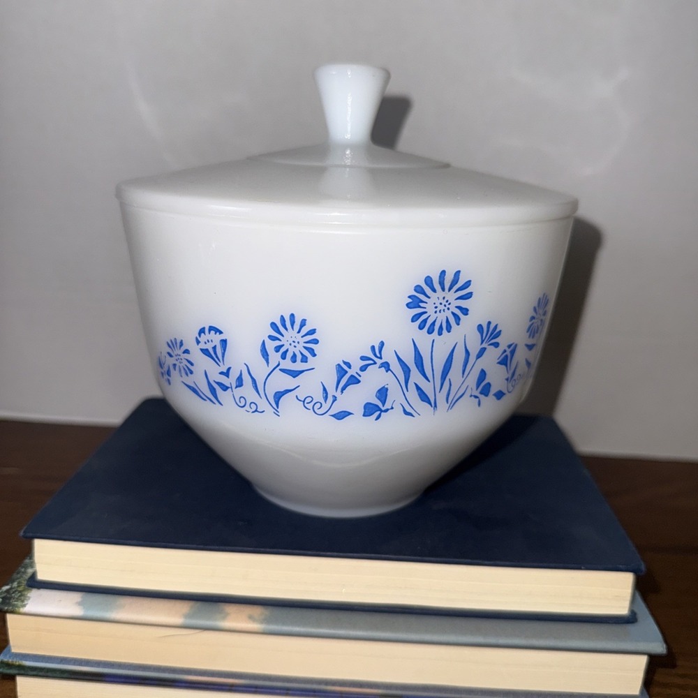 Vintage 1950's 60's Federal Glass White Milk Glass Blue Flower & Butterfly Cover